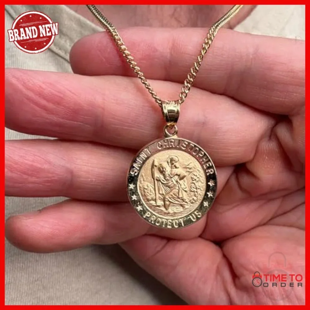 14K Gold Saint Christopher Pendant, Travel Protection Religious Jewelry